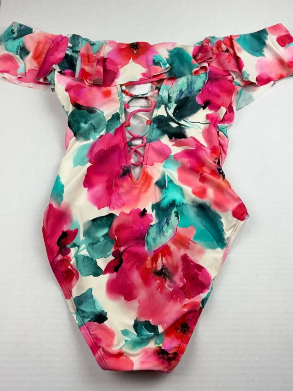 La Blanca Off The Shoulder Floral One Piece Bathing Suit Size 8 Summer Beach